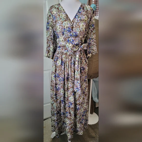 & Other Stories Relaxed Wrap Maxi Dress Womens 6 Brown & Multi Floral Silk Blend - Picture 2 of 16